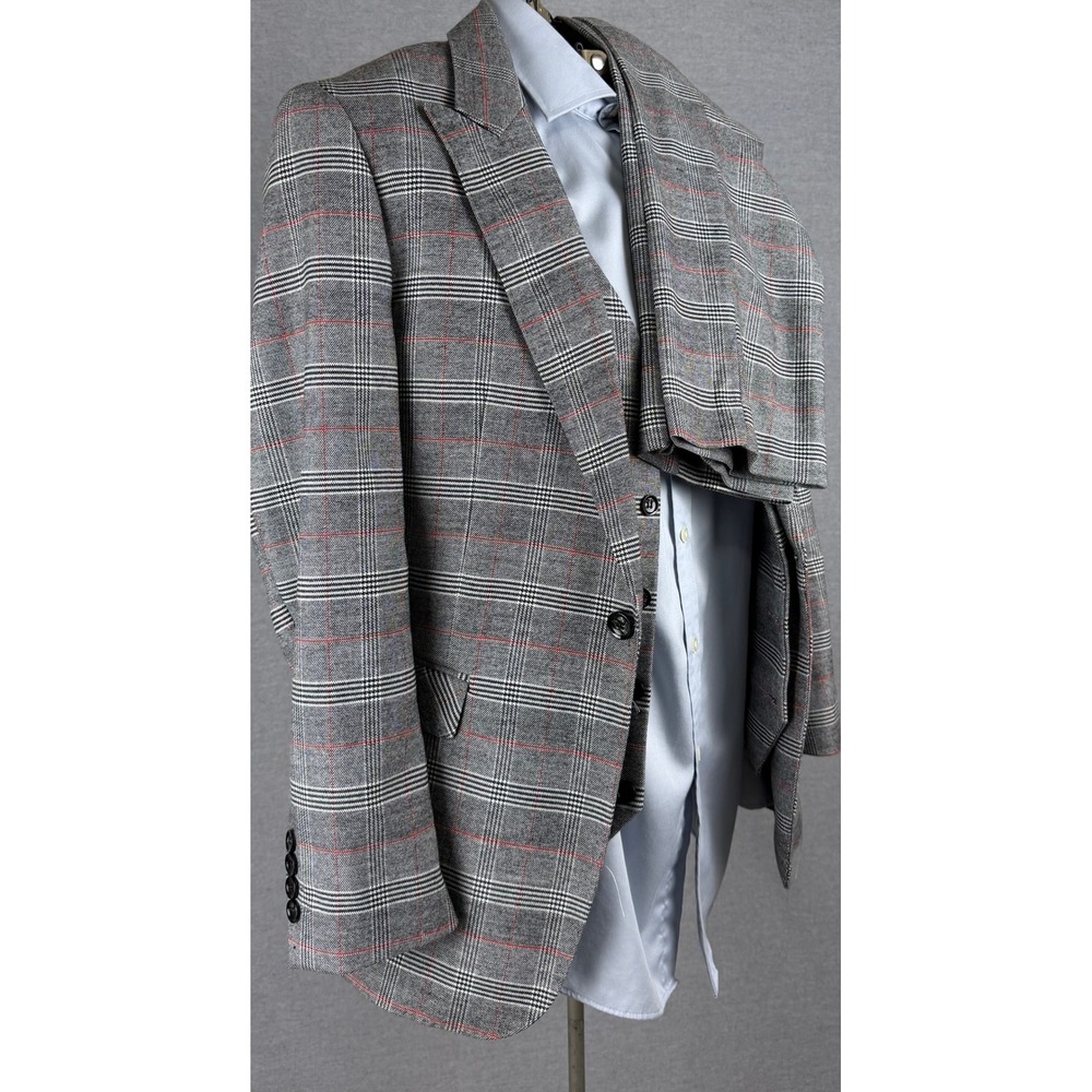 Bespoke Mens 3 Piece Suit Grey Red Glen Plaid 36S 32x29 Adjustable Waist